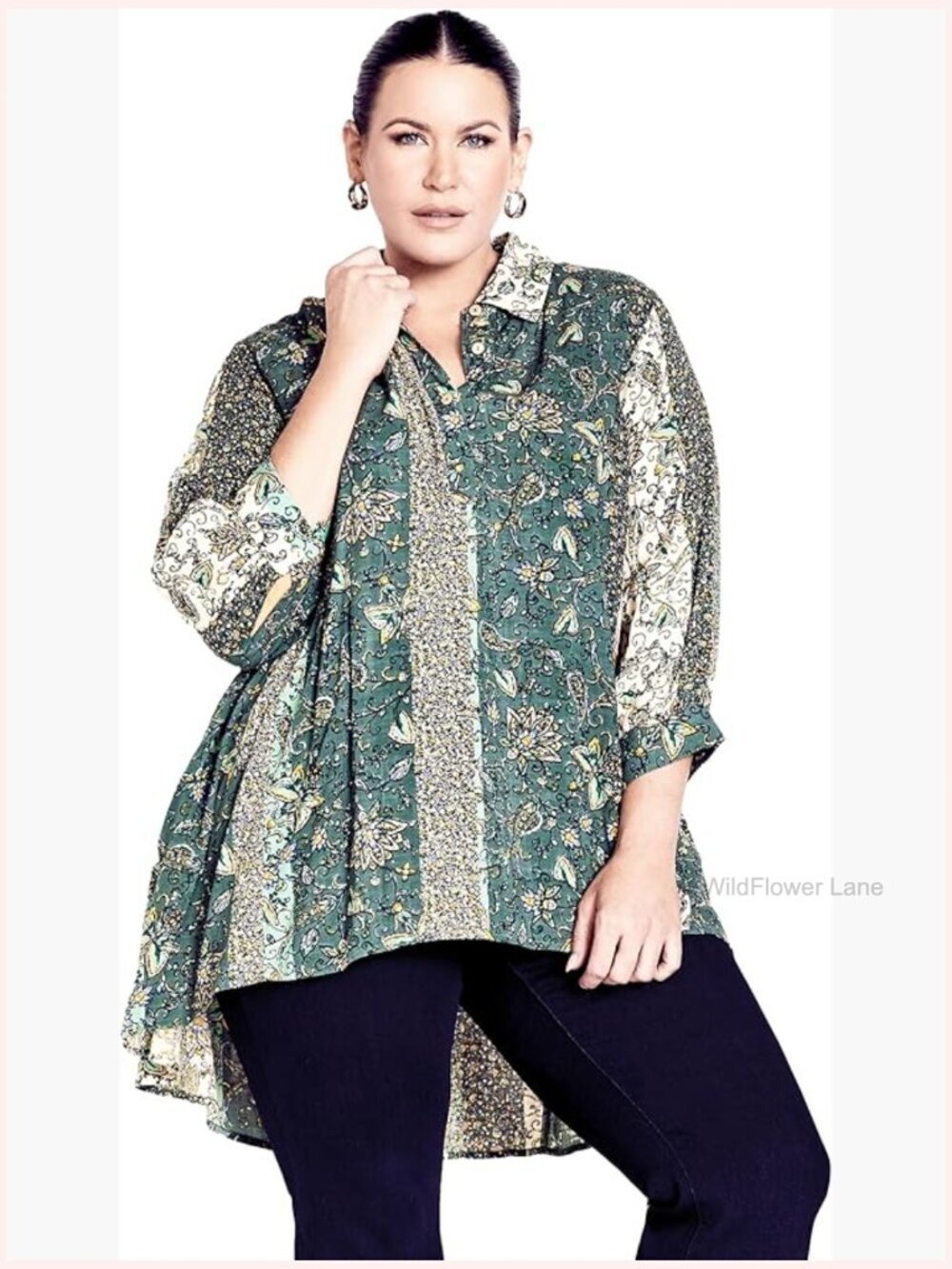 Plus Size Blouse with Collared Neck and Button Detail